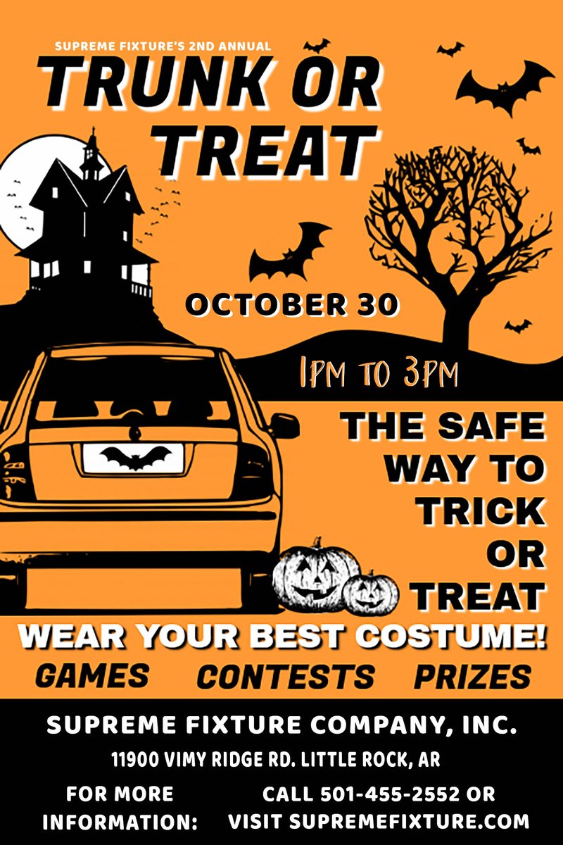 Supreme Fixture is proud to announce our 2nd Annual Trunk or Treat event will take place October 30th from 1pm to 3pm in our parking lot! 

We'd like to recognize our 2021 Trunk or Treat sponsors: Chrane Foodservice Solutions and Summit Fire &amp; Security!