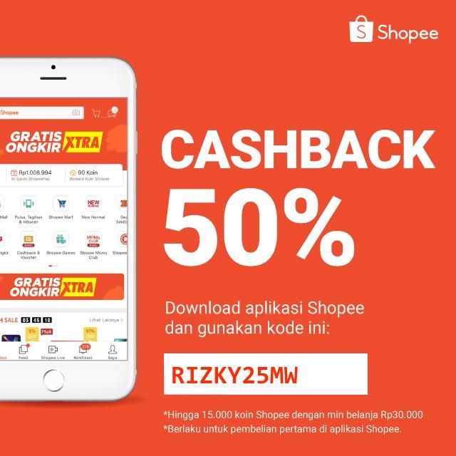 Dapatkan Cashback 50% untuk pembelian pertamamu dengan kode: RIZKY25MW. Yuk, download aplikasi Shopee sekarang dan nikmati belanja dengan gratis ongkir! shp.ee/p9j6dai?smtt=0…