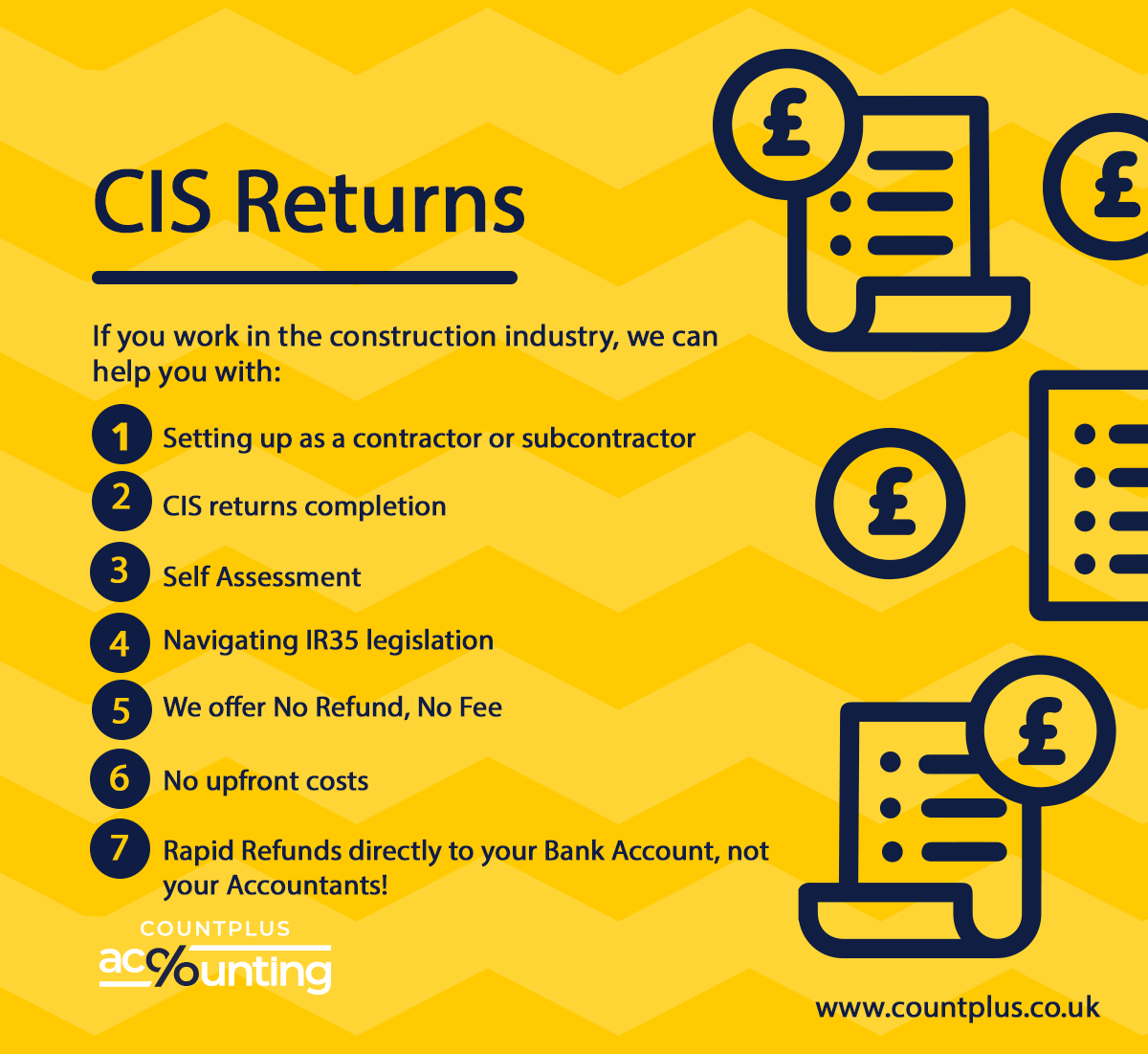 Work in the construction industry?

Take the hassle out of tax by enlisting the help of a fully qualified and CIS-experienced accountant.

Call Countplus on 01925 670289 to set up a FREE consultation today #cis #tax #construction #accountant #contractor