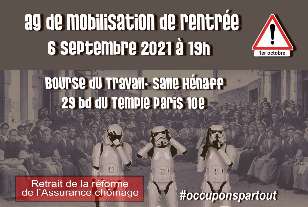 [Paris] AG de rentrée ouverte à tous à 19h lundi 6 septembre. Le danger est imminent ! #ReformeChomage @cgtspectacle <a href="/AhceneAzem/">Ahcène Azem</a>  <a href="/SamuelChurin/">Samuel Churin</a> @mat_gregoire <a href="/MathildePanot/">Mathilde Panot</a> <a href="/FredericFaravel/">Frédéric Faravel🌹</a>