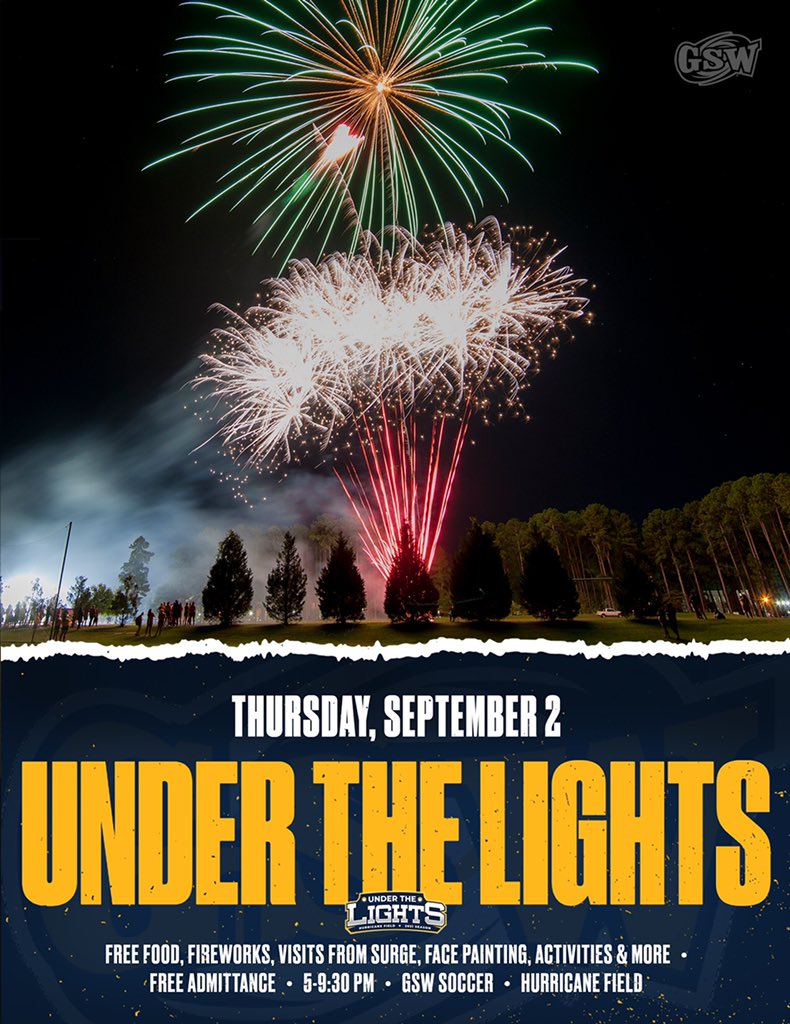 GSWCanes's tweet photo. Mark your calendars and be there this Thursday for our annual Under The Lights event! Event starts at 5 pm with the women’s soccer match and fireworks to follow after the men’s match! #LetsStartTheYearWithABang💥 https://t.co/T9KeVZxt9B