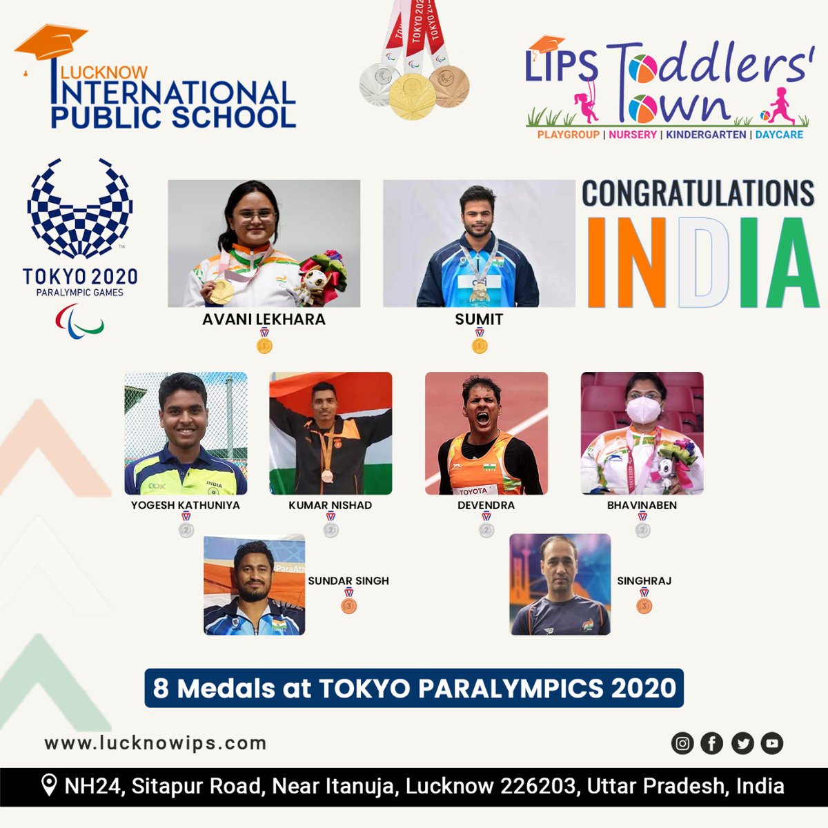lucknowips's tweet photo. Congratulations India 🇮🇳 🎊🥳

#Tokyo2020 #gold #silver #tokyo #paralympics #olympic #paralympicgames #India #proudmoment #Lucknowips #education #school #onlineadmissionopen https://t.co/vXaxSo0MC9
