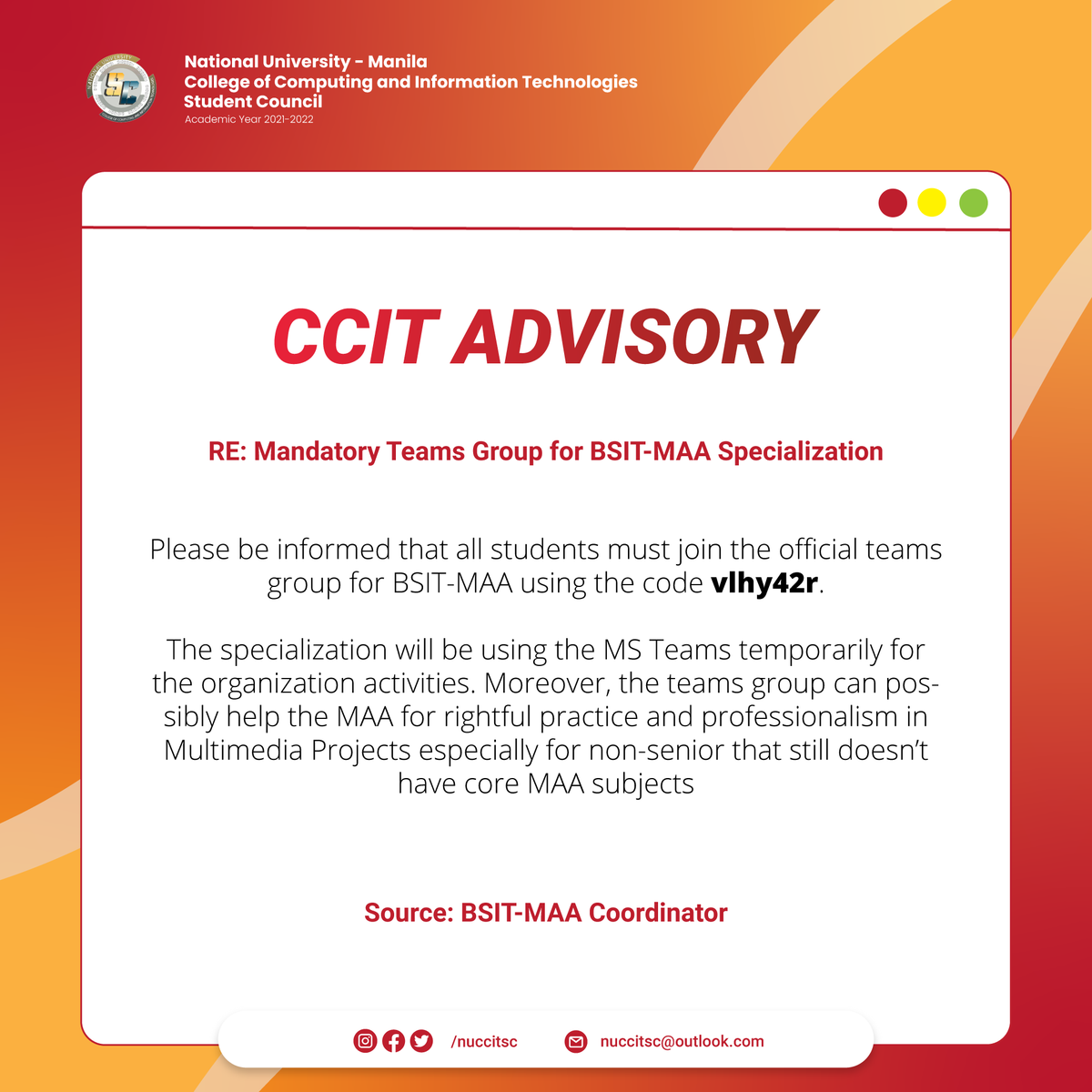 NUCCITSC's tweet photo. ATTENTION TO BSIT-MAA STUDENTS!
 
RE: Mandatory Teams Group for BSIT-MAA 

Please be informed that all students must join the official teams group for Multimedia Arts and Animation students, using the code: vlhy42r.

1/2 https://t.co/YGsb13l7nC