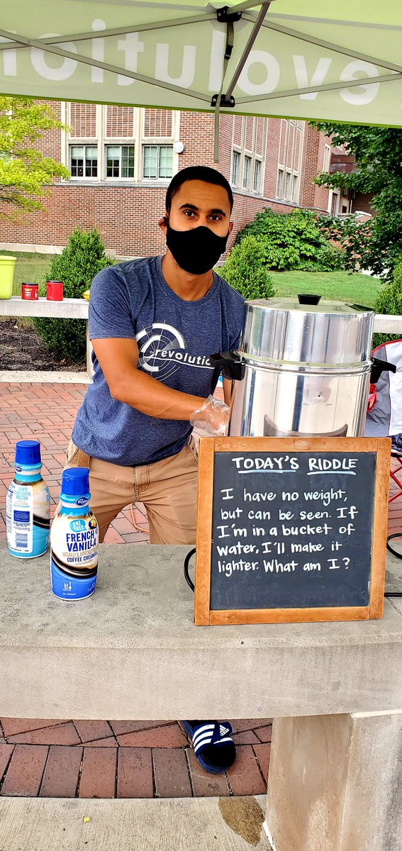therevochurch's tweet photo. We’ll be passing out free coffee until noon today at the scramble light! Come tells us your answer to our riddle of the day! 

Riddle: “I have no weight, but can be seen. If I’m in a bucket of water, I’ll make it lighter. What am I?” https://t.co/QoGFXPv7Gv