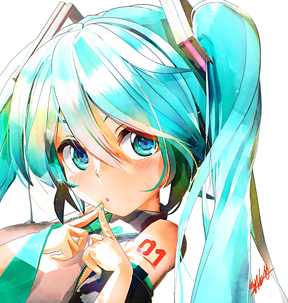 hatsune miku 1girl solo long hair twintails detached sleeves aqua hair necktie  illustration images