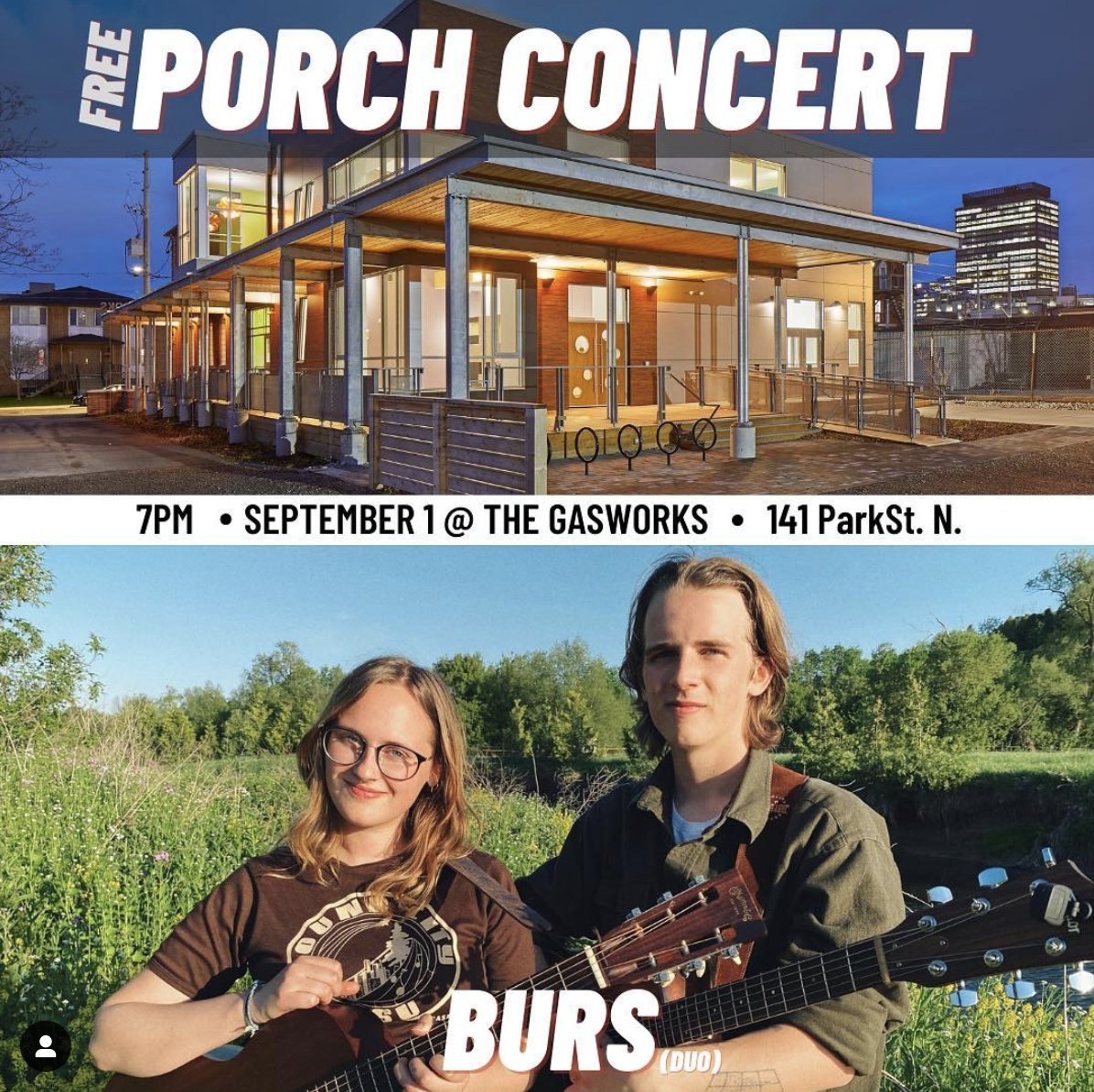 Our homebase @parkstgasworks shares their last free Porch Concert of the summer! Join in on Wednesday at 7pm for a performance from Burs 🎵 parkstgasworks.com/events