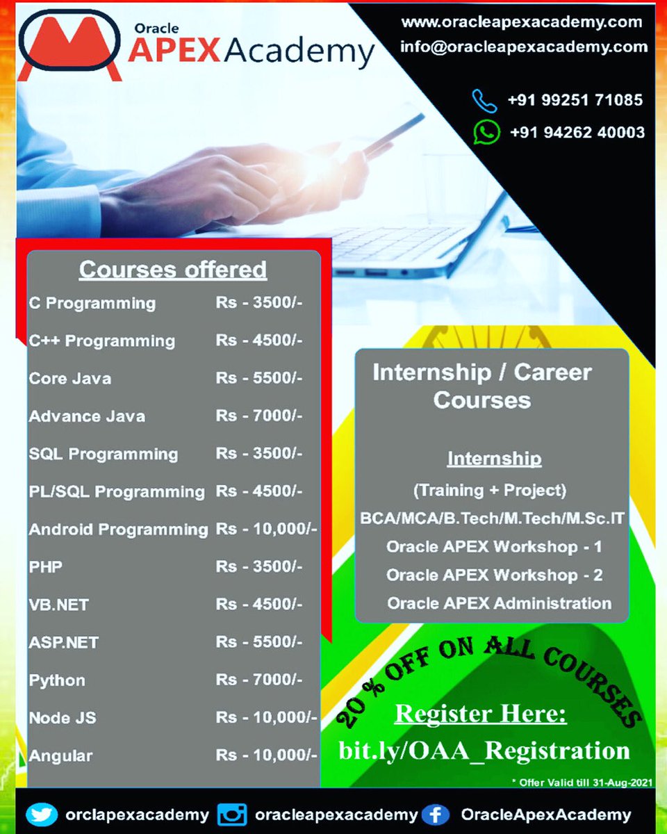 orclapexacademy's tweet image. 20% Discount on all courses expires today. Discount on all courses @java @CProgramming1 @Android @AdvanceJava @SQLWord @PLSQLOracle @LowCodeNews @OracleAPEX @TalkPython @dotnet @phpc @nodejs @angular