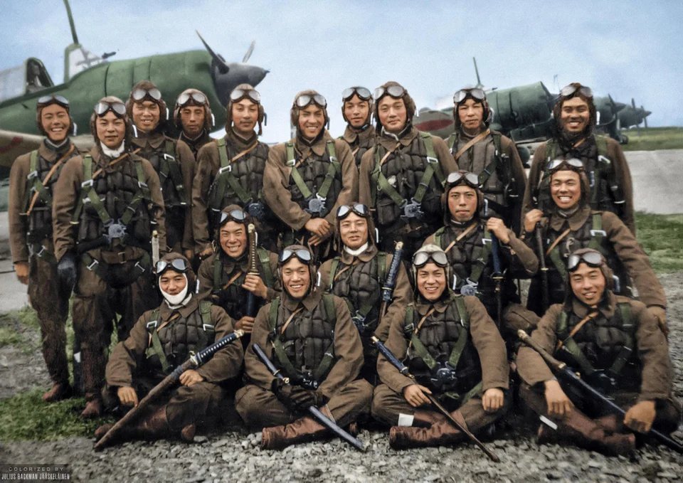 Historybench's tweet image. Group photo of Japanese Kamikaze pilots at Chōshi airfield, Japan, November 1944. Only 1 of the 18 men here would survive the war. Only about 19% of all kamikaze attacks were successful and about 3,800 men died in those suicide missions.