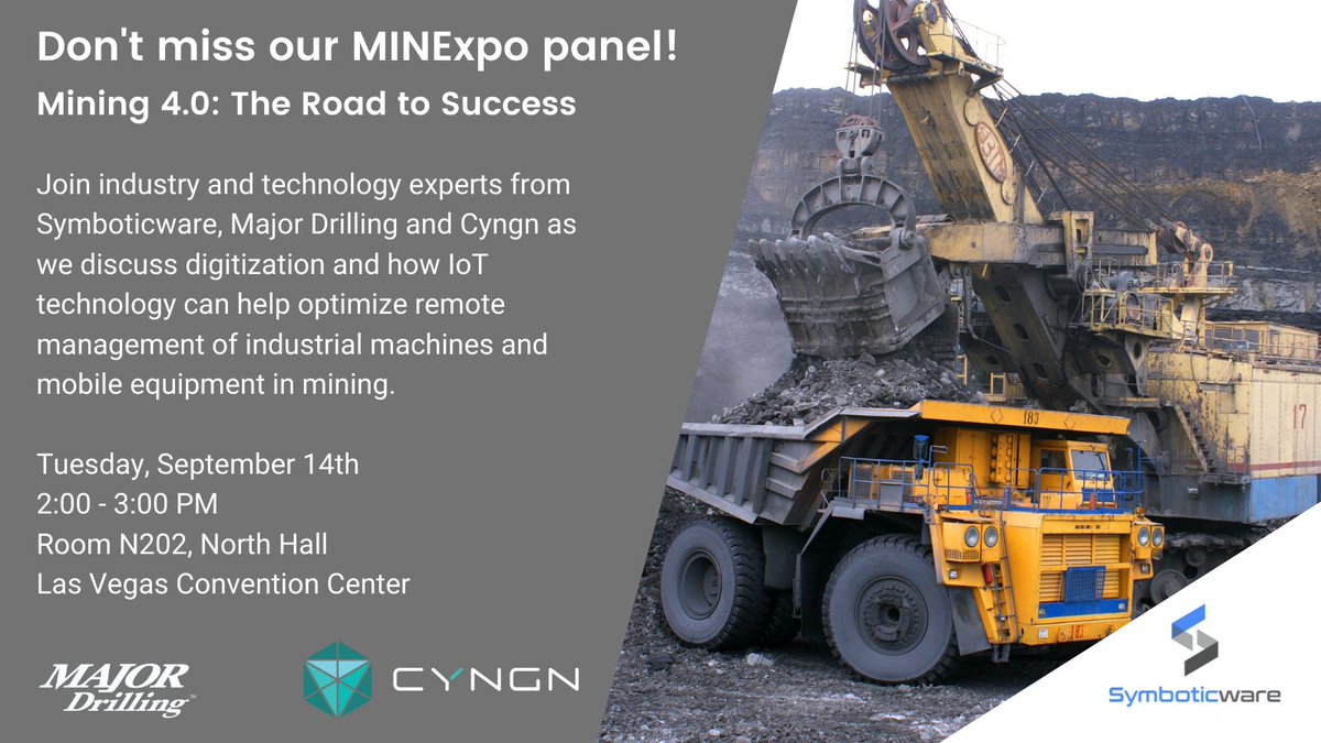symxai's tweet photo. Attending @MINExpo2021? Register for "Mining 4.0: The Road to Success," as we discuss along with experts from @MajorDrilling and @Cyngn how #IoT can streamline management of mobile equipment in #mining operations
 
Register : https://t.co/P5WLrm3Ovr!

#mine21 #Telematics https://t.co/HD2eN52nmn