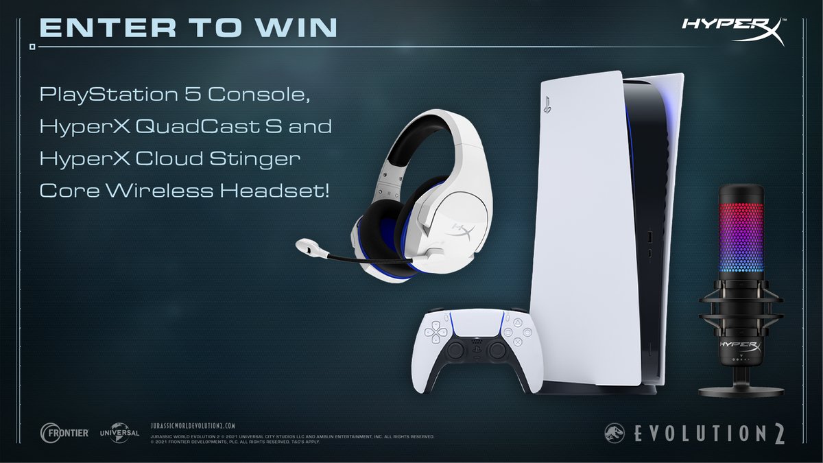 Jurassic World Evolution 2 is releasing on 9 November, and is now available for pre-order! To celebrate we're giving away a PlayStation 5, a @HyperX Cloud Stinger Core Wireless Gaming Headset AND a Quadcast S Microphone! ENTER HERE: bit.ly/3BsekYo