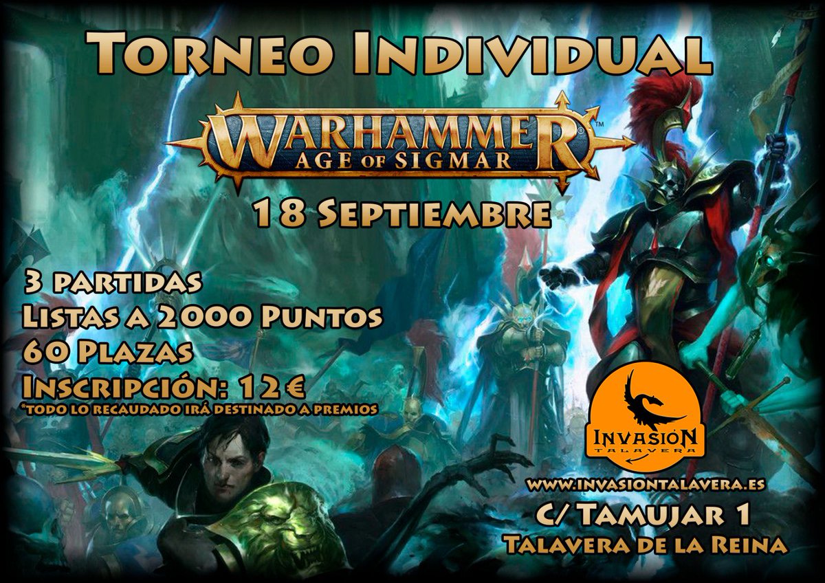 Ya puedes ver las bases del próximo torneo de Sigmar el día 18 e inscribirte en el siguiente enlace: invasiontalavera.es/tienda-online/… #ageofsigmar @Cobradorwaaagh