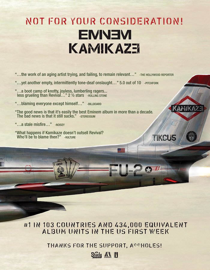Eminem's Kamikaze reached #1 in 100+ countries on both iTunes and Apple Music, it sold 434K units in the US and 633K Worldwide in its first week.

It's considered one of the most successful surprise releases ever 🔥🔥