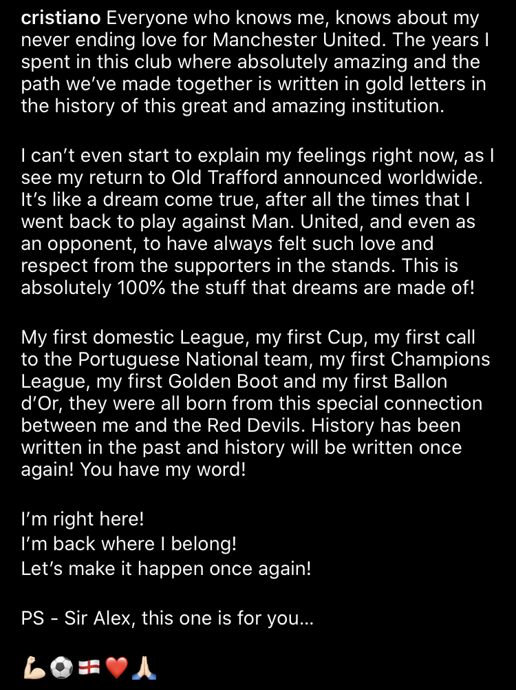 Mufc Scoop Cristiano Ronaldo S Instagram Post After Re Signing For Manchester United Mufc