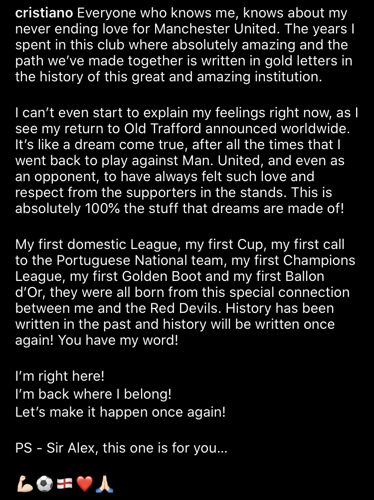 Mufc Scoop Cristiano Ronaldo S Instagram Post After Re Signing For Manchester United Mufc Mufc Scoop Cristiano Ronaldo S Instagram Post After Re Signing For Manchester United Mufc