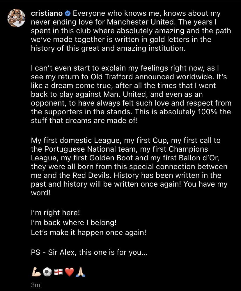 Transfer News Live Cristiano Ronaldo S Emotional Instagram Post After His Return To Manchester United Was Confirmed Source Ig Cristiano T Co Yvx1rasefj