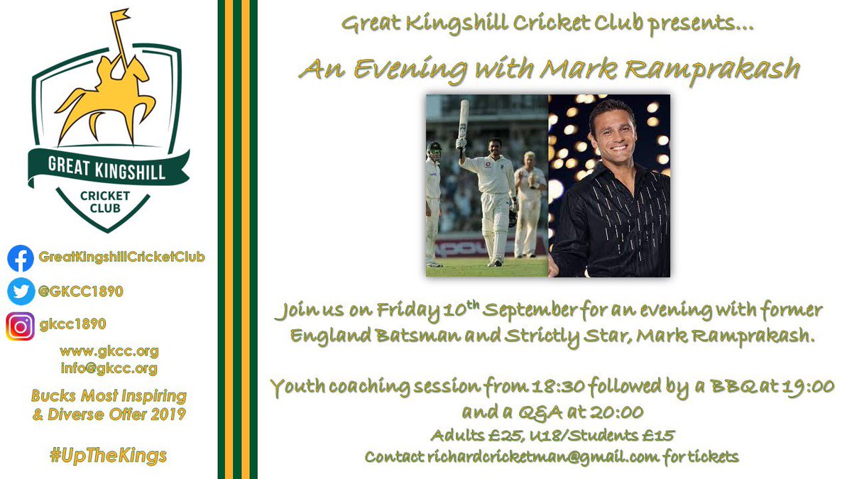 GKCC1890's tweet photo. Join us for an evening with Mark Ramprakash on Friday 10th September #UpTheKings #myGKCC https://t.co/MbGN34Bw7W