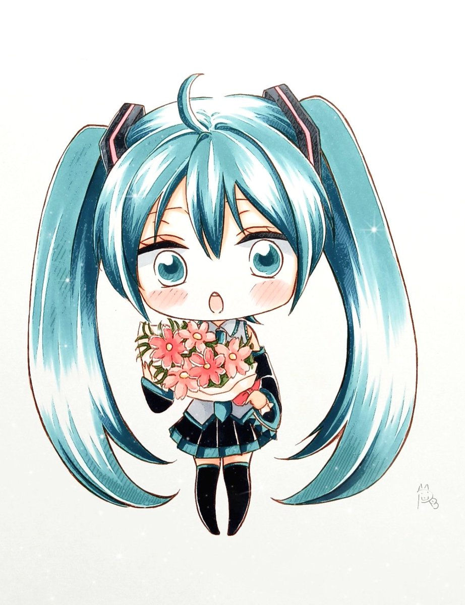 hatsune miku 1girl solo long hair twintails skirt bouquet chibi  illustration images