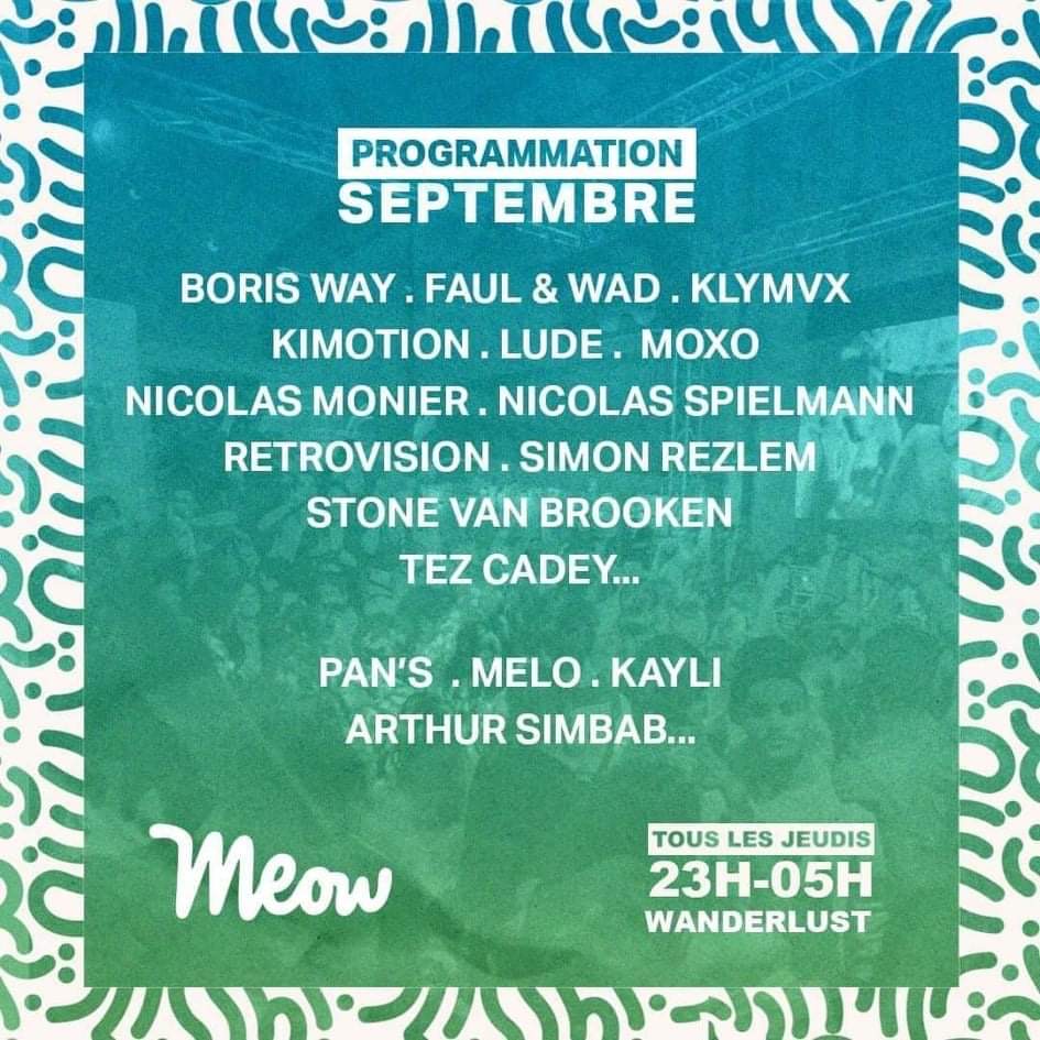 Le <a href="/WanderlustParis/">Wanderlust Paris</a> s’offre une très belle programmation de septembre avec @BorisWay, <a href="/KLYMVX/">KLYMVX</a>, <a href="/kimotionmusic/">Kimotion 🔥🔥</a>, <a href="/RetroVisionFR/">RetroVision</a> ou encore <a href="/TezCadey/">Tez Cadey</a> ! 🔥
