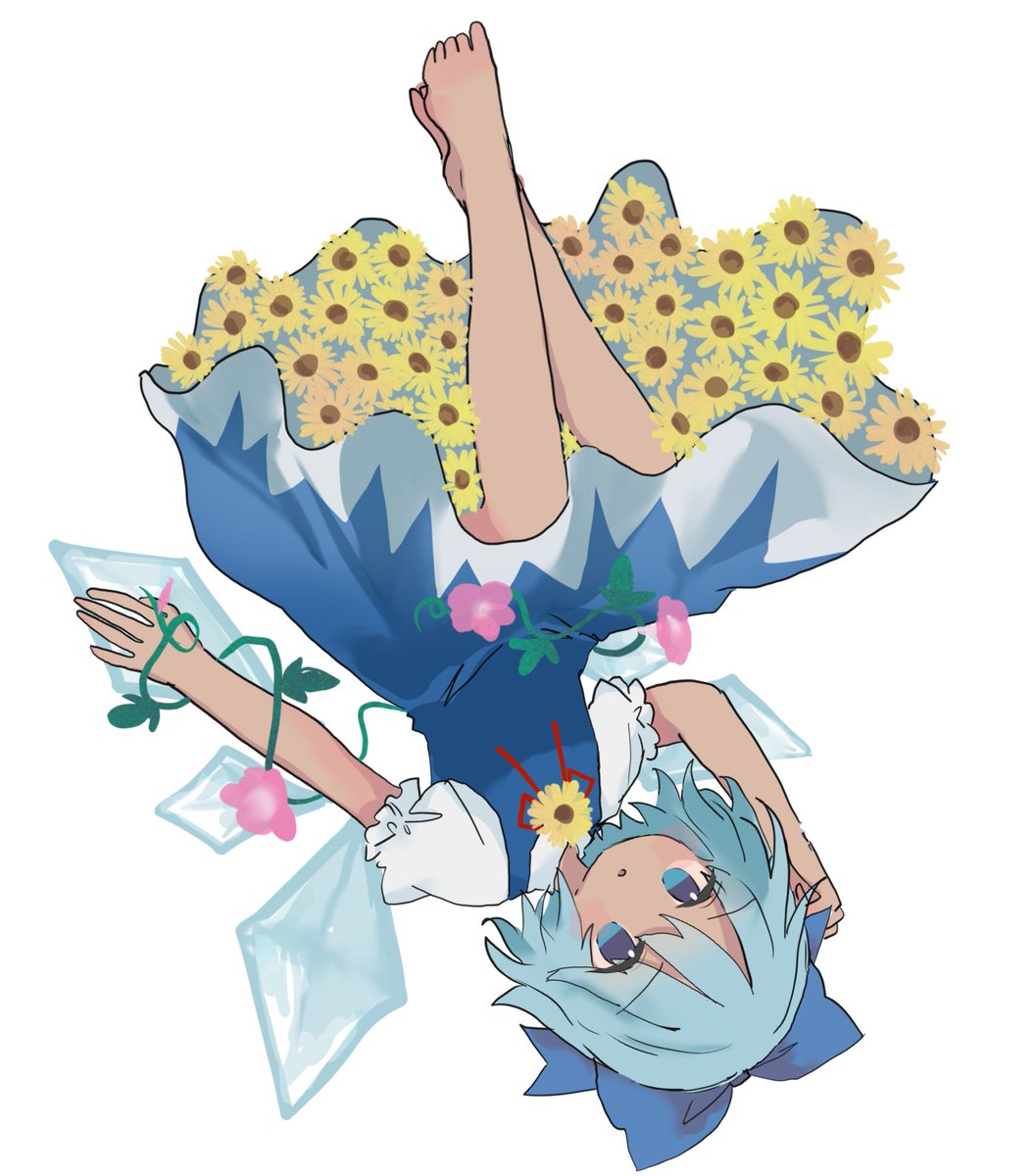 cirno ,tanned cirno 1girl flower blue hair sunflower solo dress blue eyes  illustration images