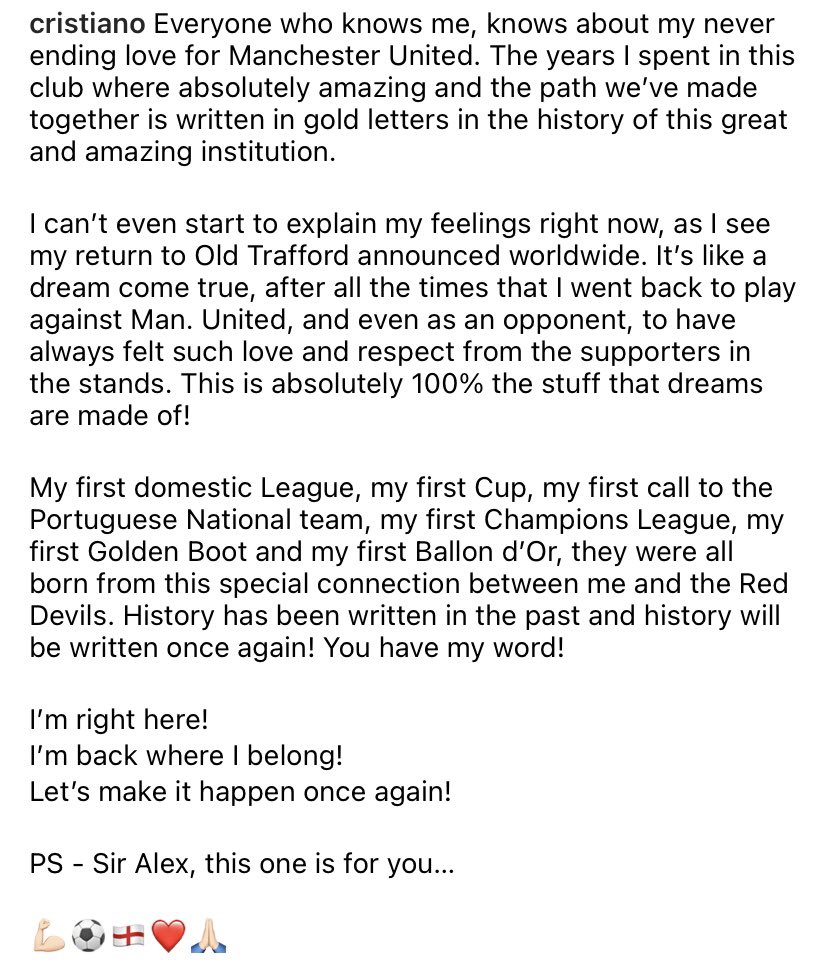 I’m right here!
I’m back where I belong!
Let’s make it happen once again!

PS - Sir Alex, this one is for you… 

<a href="/Cristiano/">Cristiano Ronaldo</a> Ronaldo on Instagram 🥲❤️ #mufc