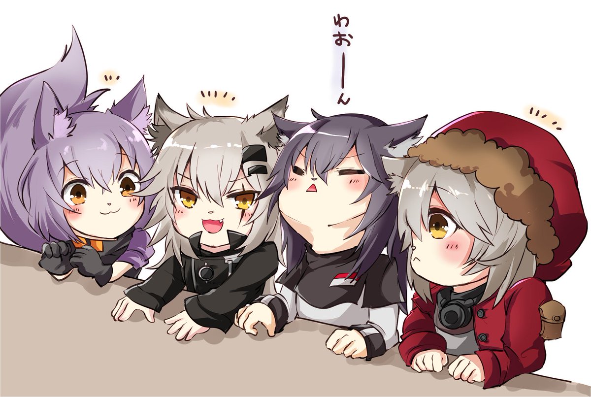 lappland (arknights) ,projekt red (arknights) ,texas (arknights) multiple girls animal ears 4girls wolf ears grey hair jacket tail  illustration images
