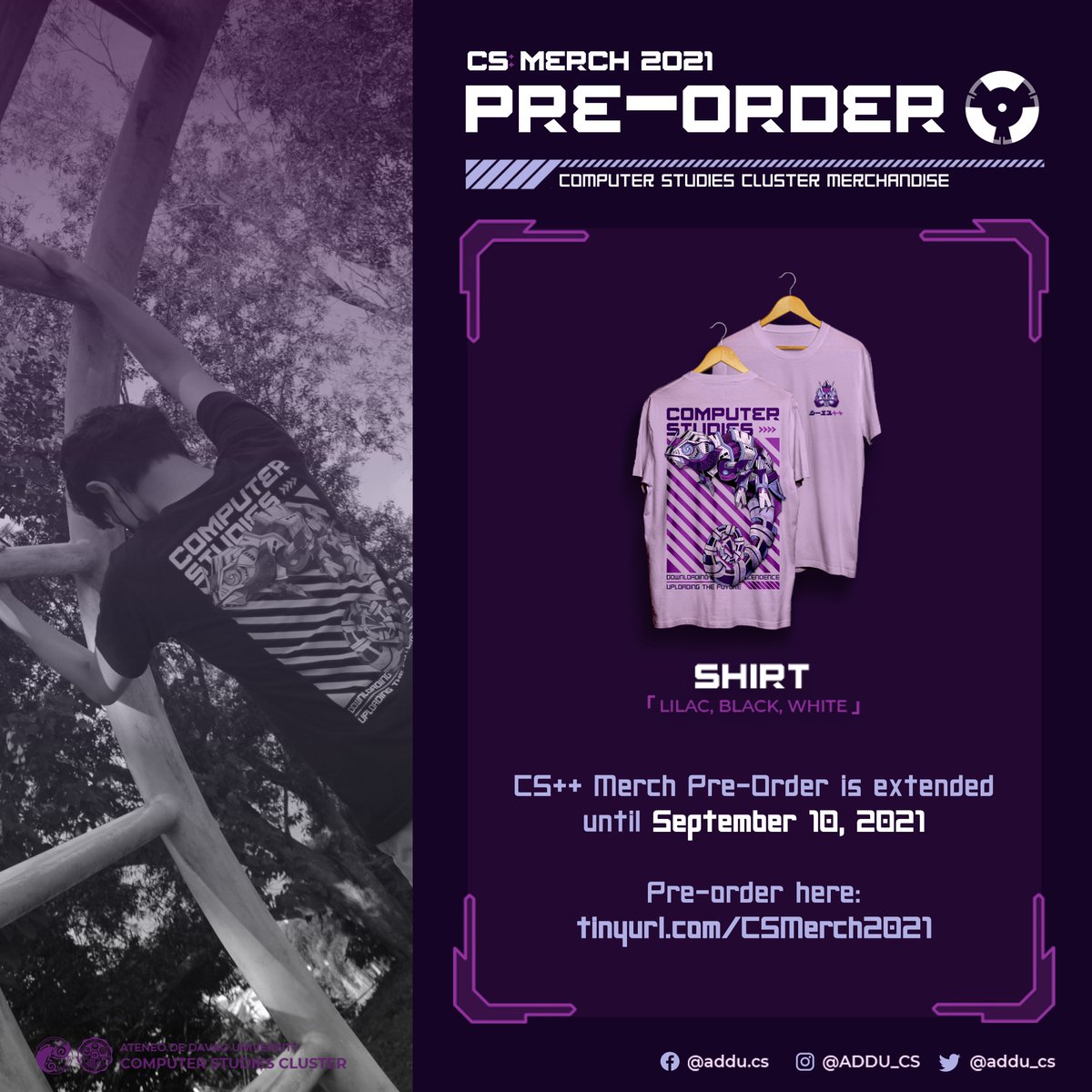 addu_cs's tweet photo. Due to popular demand, the 𝗖𝗦++ 𝗠𝗲𝗿𝗰𝗵 pre-orders is extended until September 10, 2021! 📢😱

Wanna rock the latest drip?😎 Don't miss this opportunity to show your inner chameleon!😉🦎💜

📌 GET YOURS NOW: https://t.co/s1ljKEgXPy

#CSPlusPlus
#UploadingtheFuture 🌐 https://t.co/GBhQnE8bb4