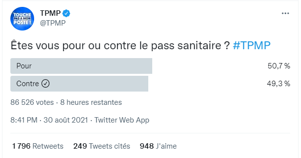 EnDebout's tweet photo. @TPMP Donc en 13h00 EN PLEINE NUIT il y a eu 48 988 votes supplémentaires et du coup ça a inversé la tendance... 

55% de contre avant ces 13h00

@TPMP vous ne nous prendriez pour des cons par hasard ? 

Combien avez-vous payé vos bots ? 

ça aussi c'est de la propagande ! https://t.co/RYNeHGDLLV