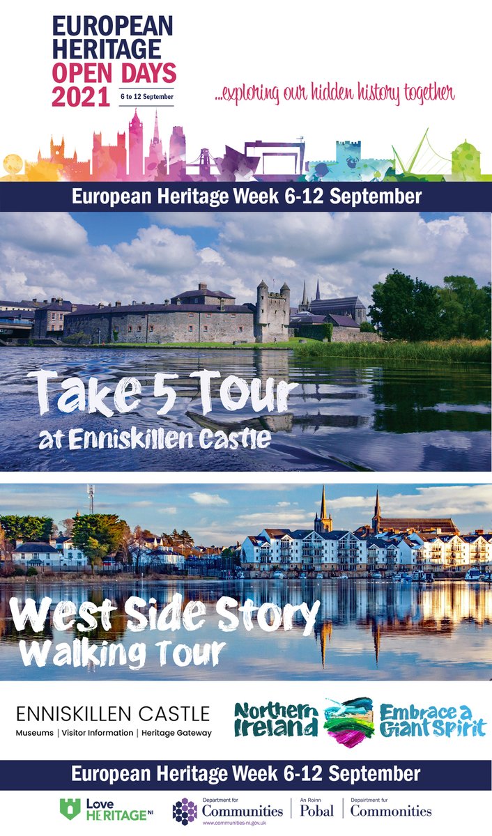 ECMFCM's tweet photo. To celebrate this year's European Heritage Open Days, our Take 5 Tours of Enniskillen Castle & our West Side Story Walking Tours will be FREE on Sat 11 & Sun 12 September
Tickets are limited, so book your place here: https://t.co/purJXVqAAn
#EHOD #EHOD2021 #EmbraceAGiantSpirit https://t.co/amI8MbLWG5