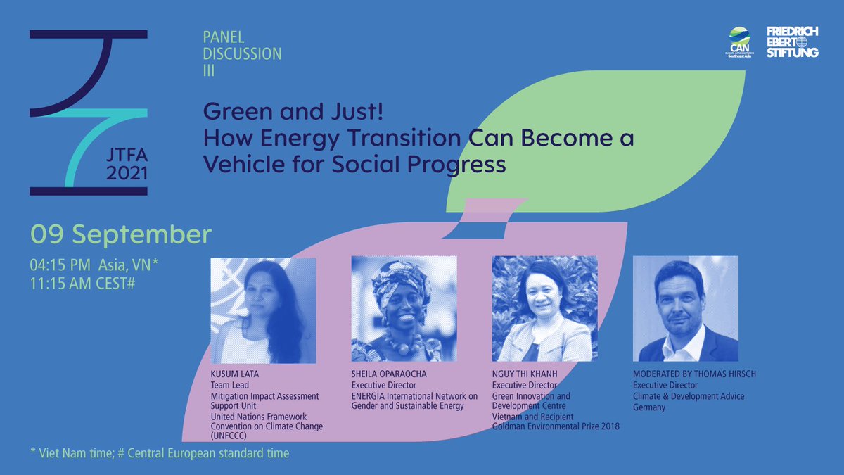 Join the #JTFA2021 session 'Green and Just!' on understanding how a #JustTransitioninAsia can be a vehicle for social progress. With: 
🔹Dr. Kusum Lata, <a href="/UNFCCC/">UN Climate Change</a>
🔹Sheila Oparaocha, <a href="/energia_org/">Energia</a>
🔹Nguy Thi Khanh, <a href="/GreenIDVietnam/">GreenID Vietnam</a>
Moderated by @Th_Hirsch

➡️JTFAsia.com