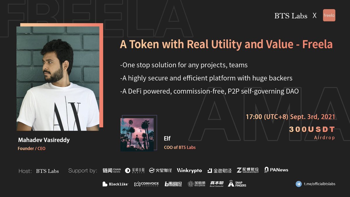 Join us for our next #AMA with <a href="/btslabs_global/">BTS LABS</a> 😎

📆17:00 (UTC+8) Sept. 3rd, 2021 
📍t.me/officialbtslabs

#Freela $FREL