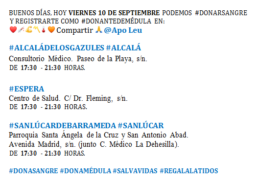 ApoLeuJerez's tweet photo. VIERNES 10 DE SEPT. PUEDE #DONARSANGRE Y REGISTRARSE COMO #DONANTEDEMÉDULA EN 
@ApoLeu ❤️💉💪〽️🌡🧡RT🙏
#ALCALÁDELOSGAZULES @InfoGazules @UD_ALCHOYANO @PedroMartnSnche
#ESPERA @AytoEspera @EsperaCF2015_16 @esperacf @Ant_Romano27 
#DONASANGRE #DONAMÉDULA #SALVAVIDAS #REGALALATIDOS https://t.co/qlJhG8Wp5k