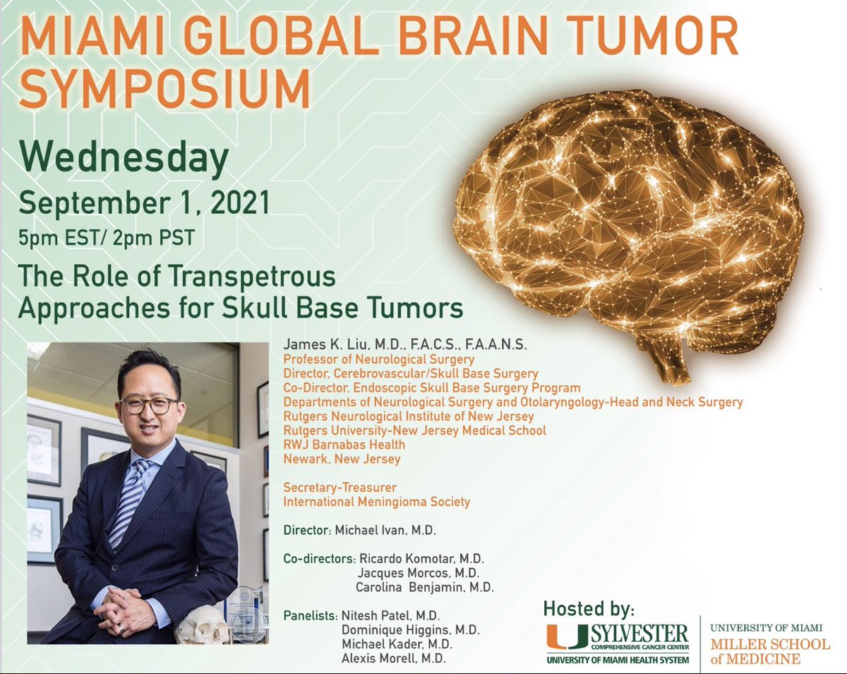 Tomorrow on #MGBTS, <a href="/SkullBaseMD/">James K. Liu, MD</a> from <a href="/RUNeurosurgery/">Rutgers Neurosurgery</a> will be discussing The Role of Transpetrous Approaches for #SkullBase Tumors. Click here to register: miami.zoom.us/webinar/regist…  Don’t miss it!  #Neurosurgery <a href="/NASBSorg/">NASBS</a> <a href="/MeningiomaSoc/">Meningioma Society</a> <a href="/AANSNeuro/">AANS</a> <a href="/CNS_Update/">CNS</a> <a href="/NSTumorSection/">NS Tumor Section</a>
