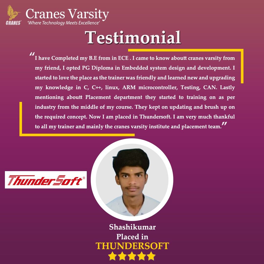 CranesVarsity's tweet image. Congratulations Shashikumar !!! Got placed in ThunderSoft
Celebrating success at #cranesvarsity
Website: cranesvarsity.com
Contact Details:
Mobile: +91 96208 29666
Phone: 080 6764 4800 / 4848
Email: training@cranessoftware.com
#Thundersoft  #training  #placement