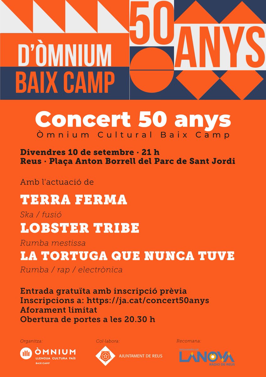 🎶 Com hem fet durant aquests 50 anys apostem pels joves talents del territori amb <a href="/terrafermagrup/">Terra Ferma</a>, <a href="/lobstertribe/">Lobster Tribe</a> i <a href="/ltqnt/">La Tortuga Que Nunca Tuve</a>. 

🎟️ Entrada gratuïta amb inscripció prèvia ja.cat/Concert50anys
