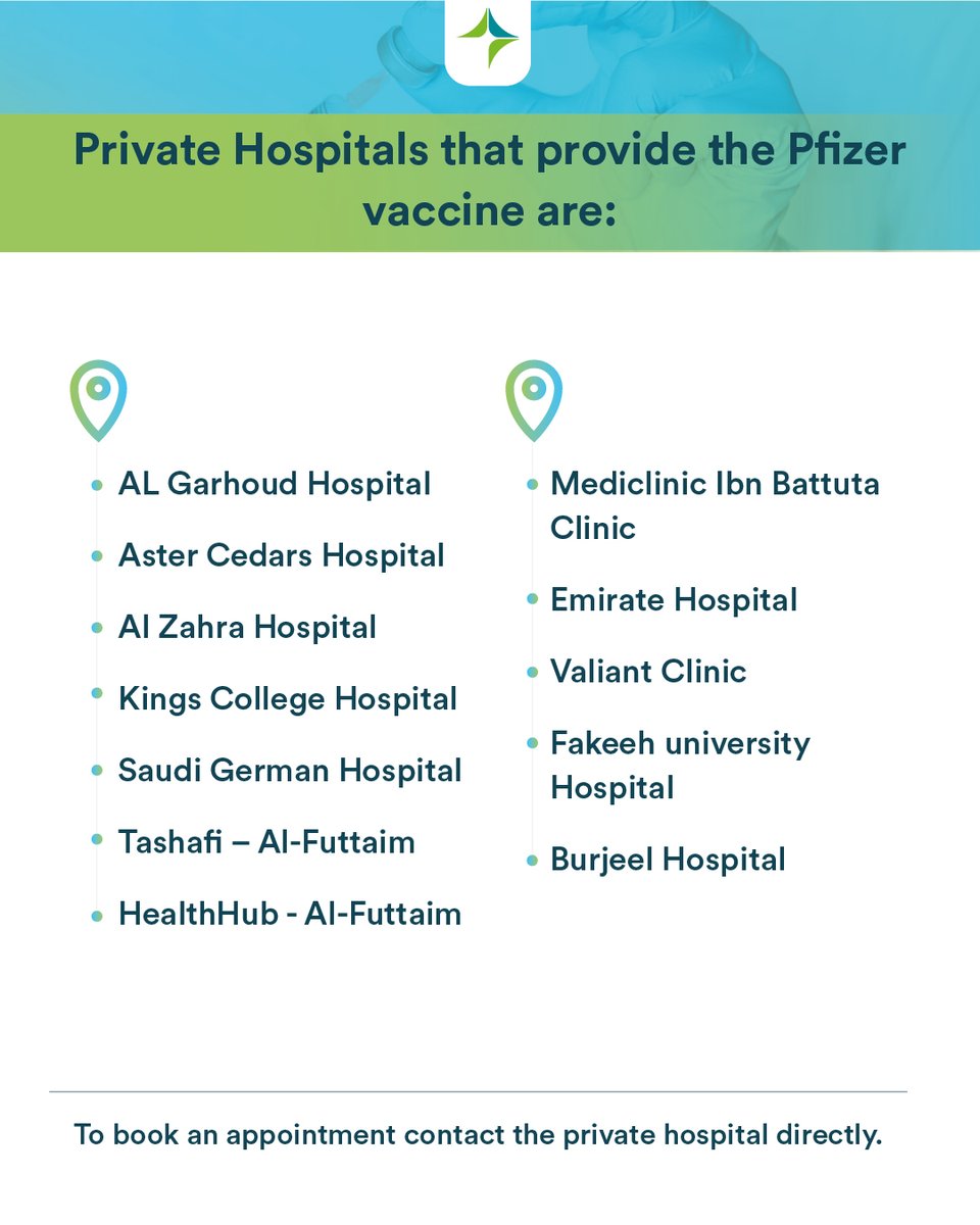 DHA_Dubai's tweet photo. List of privet hospitals that provide the Pfizer-BioNTech vaccine in #Dubai https://t.co/XvVfffmzAi
