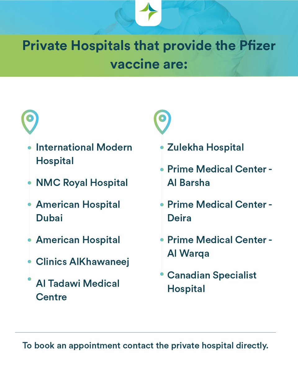 DHA_Dubai's tweet photo. List of privet hospitals that provide the Pfizer-BioNTech vaccine in #Dubai https://t.co/XvVfffmzAi