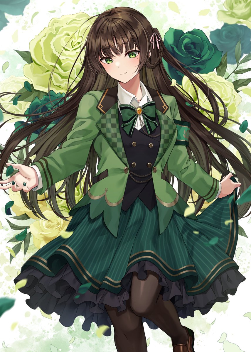1girl solo green eyes pantyhose long hair flower skirt  illustration images