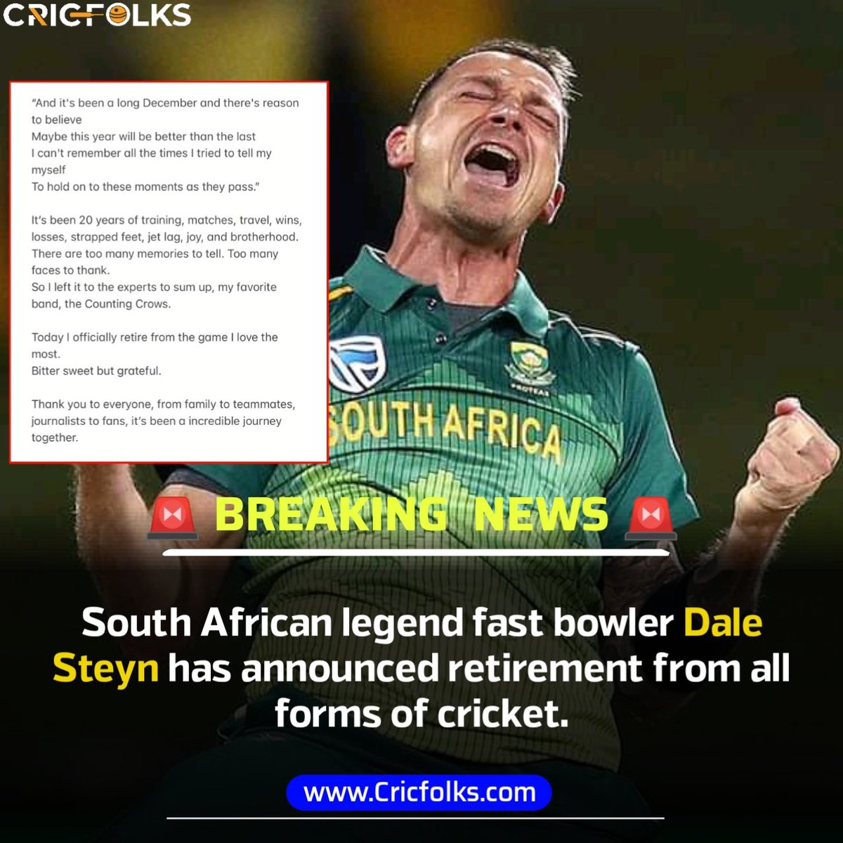 cricfolks's tweet photo. 🚨 Breaking News 🚨 : @DaleSteyn62 announced retirement from all forms of cricket.
End of an era 💔.
#cricket #DaleStyen #SouthAfrica #AbDeVilliars #Styen #retirement #IPL #cricketmerijaan #cricfolks https://t.co/Pf2xjkXf5a