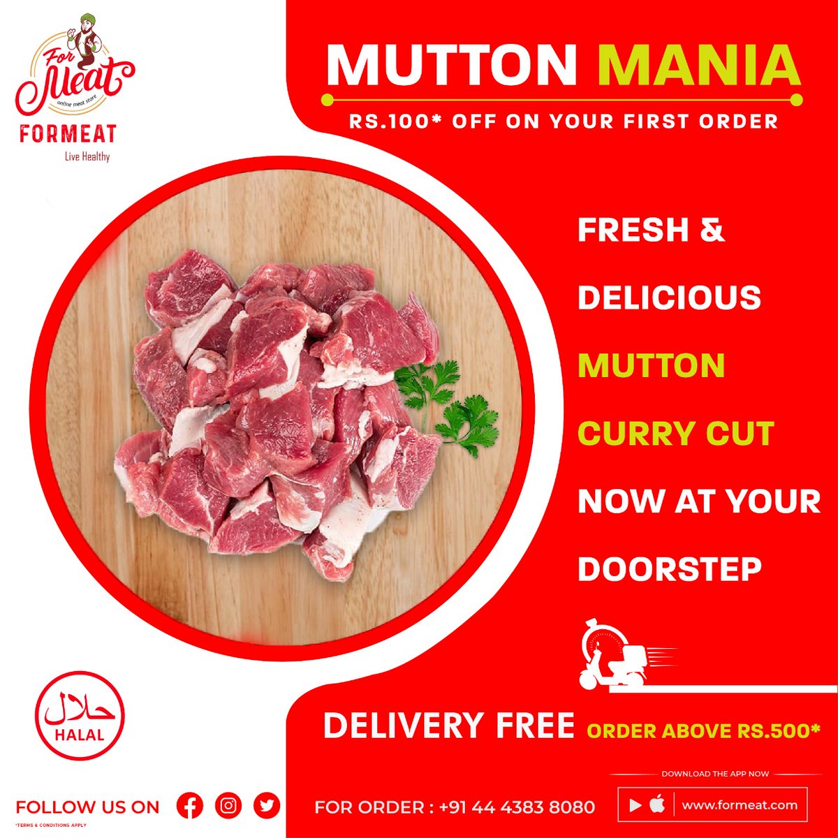 ForMeatStore's tweet photo. Mutton is loaded with protein and healthy vitamins! Order fresh Mutton from @ForMeatStore .
 
Order your fresh mutton using Formeat app! Rs. 100 OFFER on first purchase &amp; 2% cash back on every purchase. https://t.co/Citv1zkaEJ