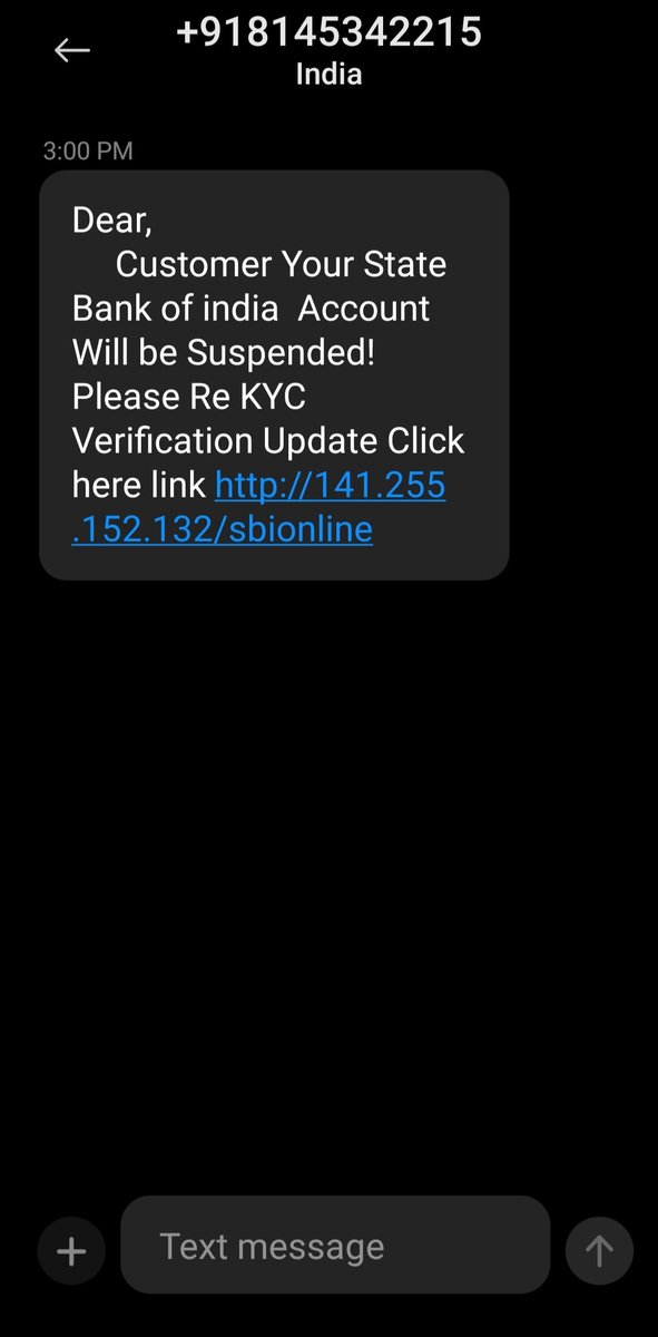 Dear <a href="/TheOfficialSBI/">State Bank of India</a>
Got a fraudulent message for KYC re-verification
Reporting the mobile number &amp; un-secure (http) IP Address (no name) for defrauding SBI customers. Kindly take relevant action. 
 #KYCfraud #Phishing #Bankfraud #Cybercrime <a href="/Cyberdost/">CyberDost I4C</a> <a href="/CybercrimeCID/">Cybercrime CID ಸೈಬರ್ ಕ್ರೈಮ್ ಸಿಐಡಿ</a>