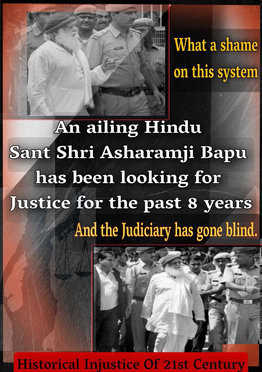 @Kbastimar36 Sant Shri Asharamji Bapu stood against all odds to safeguard Sanatan Dharam which wasn’t appreciated by Anti-Hindus, Missionaries & on #31August_HistoricalInjustice happend with Innocent Saint & Bapuji was jailed in 100% bogus case.
Justice for Bapuji not served,8years gone by…