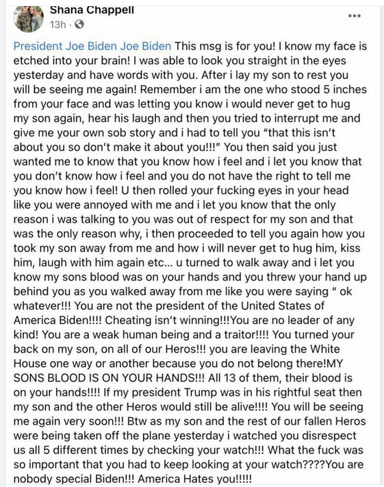 Entrepreneurix's tweet photo. Facebook disabled the account of Shana Chappell, mother of slain Marine Kareem Nikoui who was killed in Kabul
This was what she had to say to Biden earlier today:
#Kabul #Marines #ObamaTeam https://t.co/b8koYrGAj5