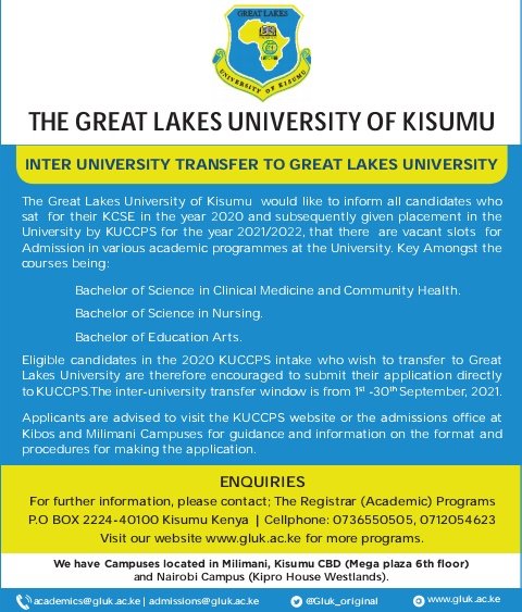 From 1st to 30th September 2021, all KUCCPS students not satisfied with their placements will have one more chance. Keep it here for more information. <a href="/KUCCPS_Official/">The Placement Service</a>
<a href="/HELBpage/">OFFICIAL HELB PAGE</a> #interInstitutionaltransfer #SeptemberIntake