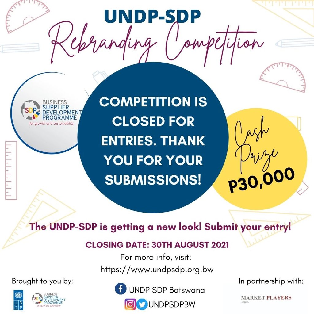 ATISASDP's tweet photo. The UNDP #SDPRebrandingCompetition is officially CLOSED for entries.
Thank you so much to all the graphic designers who submitted their proposals. We are overwhelmed by the interest and excited about the journey towards the reveal of the new SDP!
#UNDPSDP
#UNDPBotswana https://t.co/EFWL5si7eS