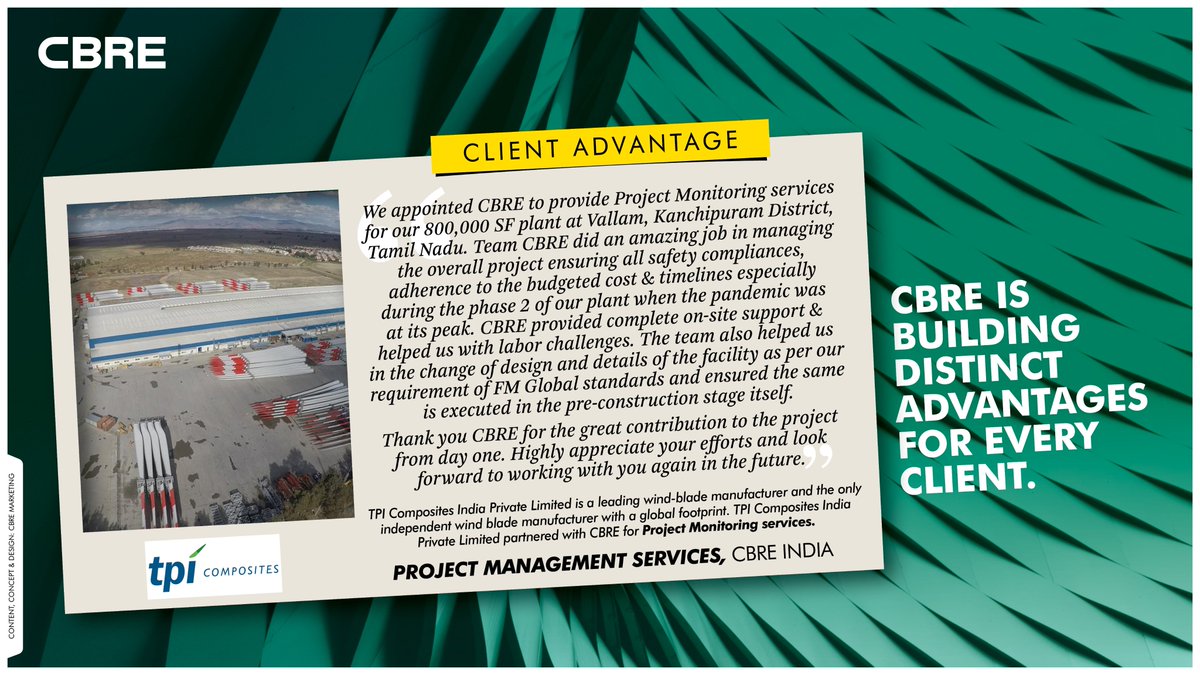 CBRE_India's tweet photo. #ClientAdvantage
@TPI_Composites, a leading wind-blade manufacturer, and the only independent firm with a global footprint, partnered with CBRE for #ProjectManagement Services for their plant in Tamil Nadu (800,000sf).
Here's what they had to say about the association. https://t.co/69Y2MaCYDb