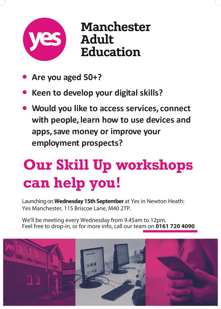We are very happy to be back again at <a href="/yesMCR/">Yes</a> this academic year!

Drop-in digital skills workshops every Wed 9.45am-12pm from 15th Sept.

Call 0161 720 4090 for more info or just drop in to Yes Mcr, 115 Briscoe Lane, M40 2TP.

#Upskill #LifelongLearning #Computers #EDS