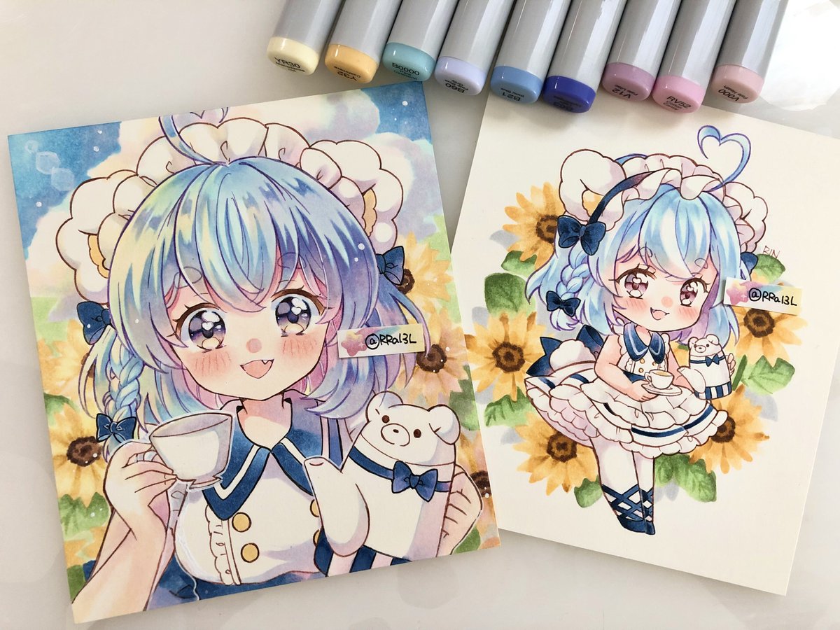 1girl traditional media animal ears marker (medium) blue eyes holding flower  illustration images