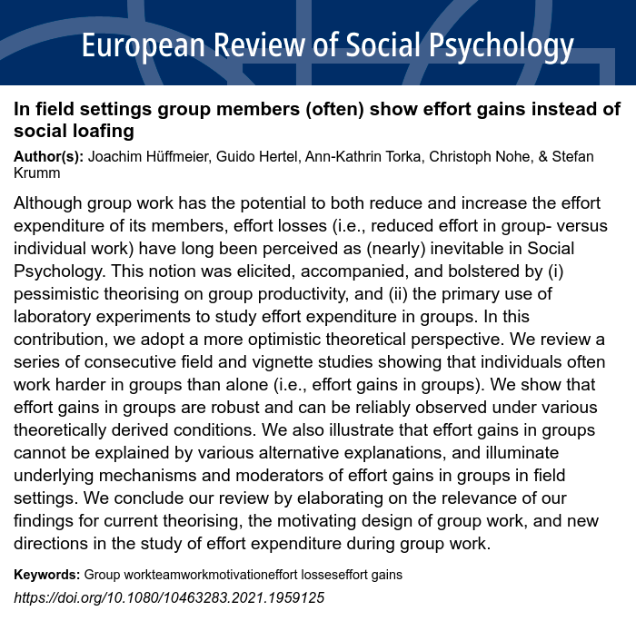 easpinfo's tweet photo. New Article by Joachim Hüffmeier, Guido Hertel, Ann-Kathrin Torka, Christoph Nohe, & Stefan Krumm — In field settings group members (often) show effort gains instead of social loafing @Joachim_Hueffme @OWMs @aktorka1 @stefankrumm #ersp @Routledgepsych https://t.co/kQr8cPmRzE https://t.co/WOymt7n1VU
