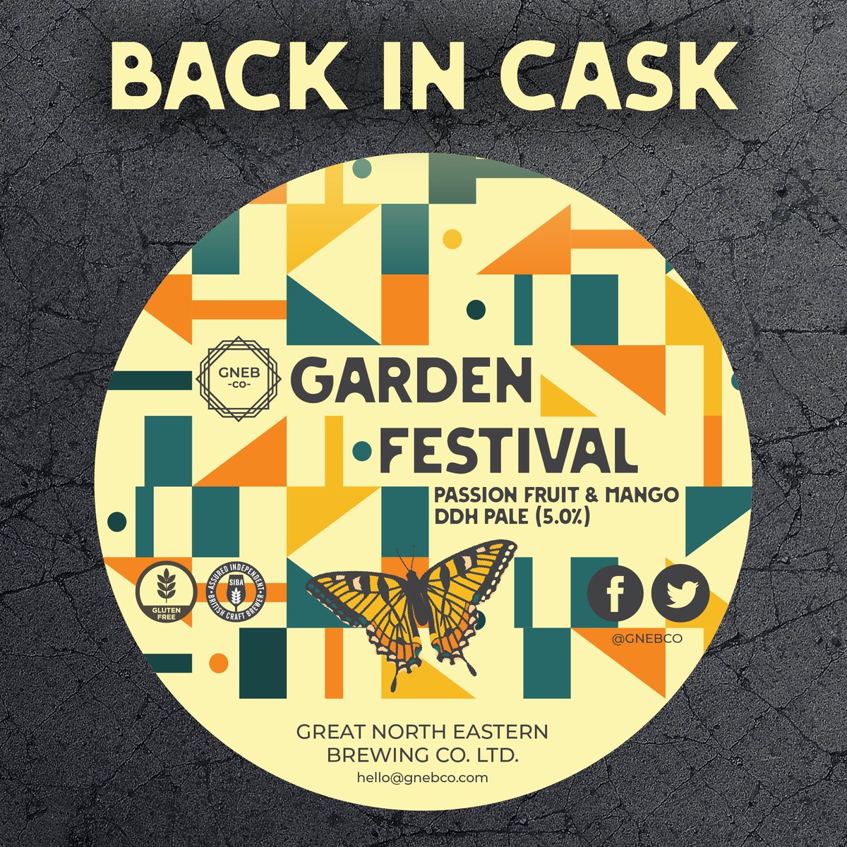 Back in cask by popular demand...Garden Festival 5.0%: Unfiltered double dry hopped punchy passionfruit and mango pale ale. Hopped with Equanot and Cashmere and Mosaic. Vegan and Gluten free. Fancy this beer in your pub? call our office on 01914474462 or email hello@gnebco.com