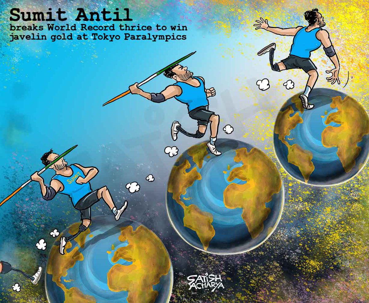 Sumit Antil breaks World Record thrice to win a gold! #SumitAntil #TokyoParalympics NFT video is on @WazirXNFT at nft.wazirx.org/cartoonistsati…